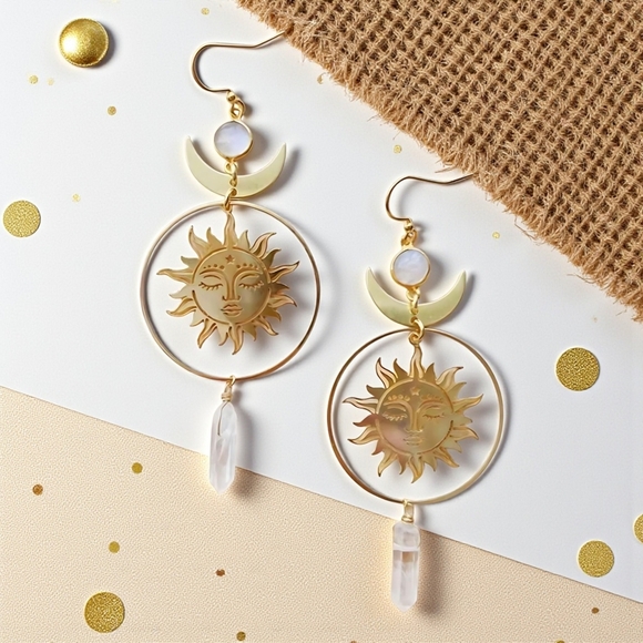 🆕️Celestial Sun Moon Quartz Crystal Dangle Earrings Boho Chic Trendy Jewelry - Picture 4 of 10